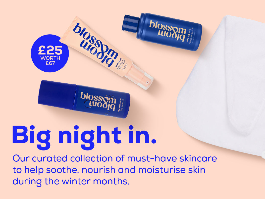 Big Night In - a bundle of winter skincare products laying on a surface with a hair wrap.
