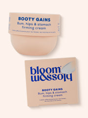 Firming body cream for the bum, hips and belly. Blush coloured tub beside a blush carton.