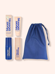 Hey Mama New Mum pamper skincare kit. This kit features a multi-tasking balm, indulgence bath oil, hydrating face and body mist, all contained inside a blue drawstring bag.