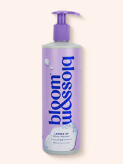 Lather Up Body Cleanser in supersize 500ml grey recycled bottle with purple pump.