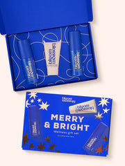 Blue and rose gold shiny gift set featuring the very best wellness products. The perfect wellness Christmas gift.