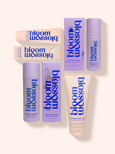 Luxury pregnancy gift set from Bloom and Blossom, featuring a revitalising face and body mist, nourishing body cream, stretch mark oil and multi-tasking balm.