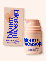 Lovely Jubbly Bust firming gel in blush pump and carton, to brighten and tighten skin on the neck and chest.