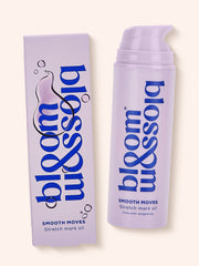 Smooth Moves Stretch mark oil in lilac bottle and carton, a luxurious oil to improve the appearance of stretch marks.