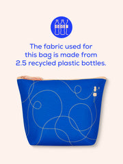 Blue cosmetics bag made from 2.5 recycled plastic bottles.